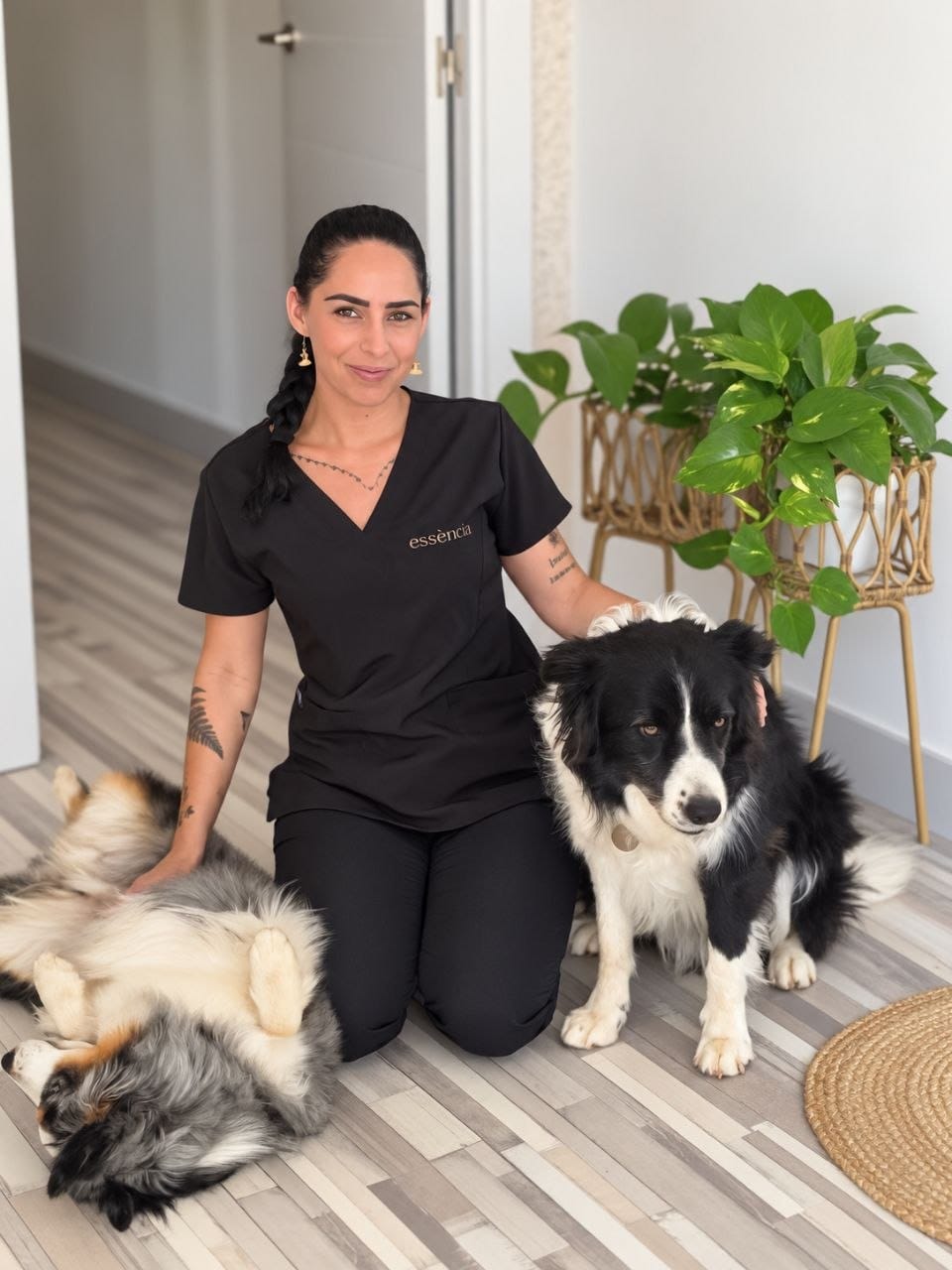 Elisabet Goyes sonriendo junto a sus perros en el interior de Essència